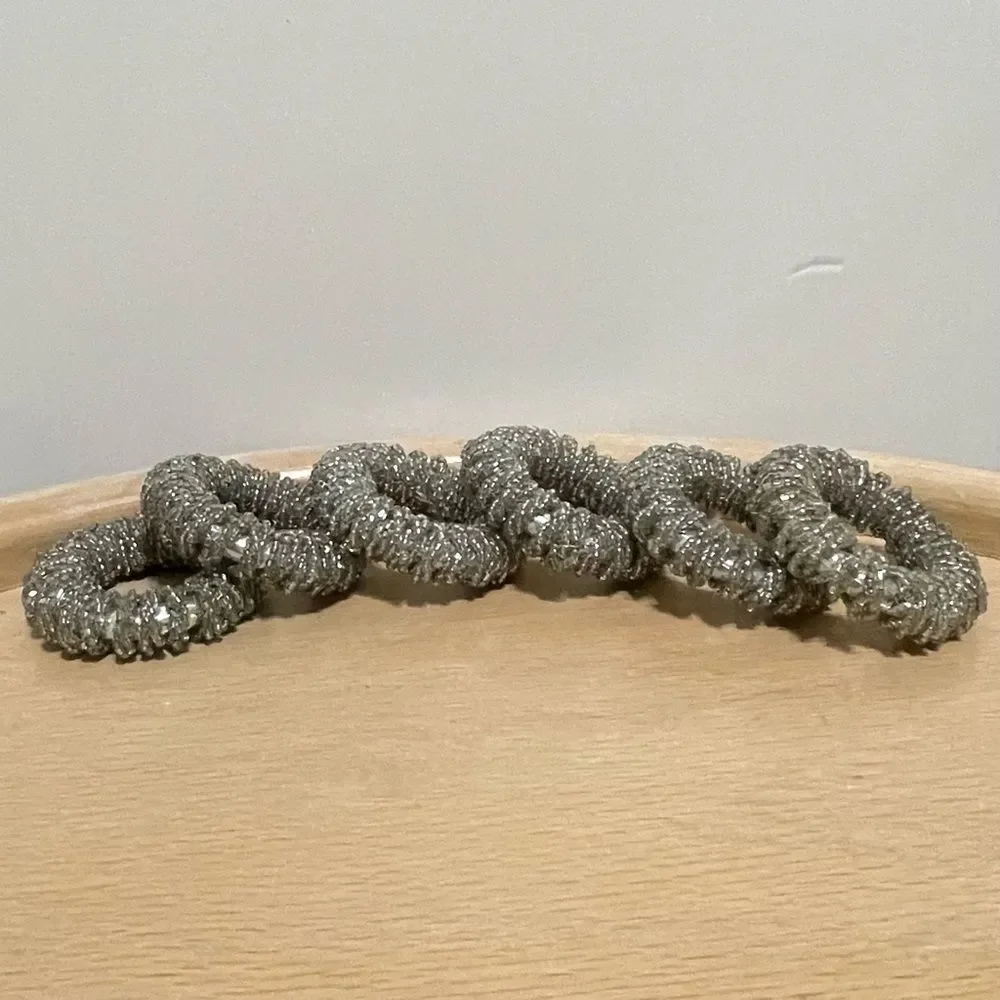 Glass Beaded Sparkly Silver Napkin Rings Holiday Special Occasion Party Set of 6